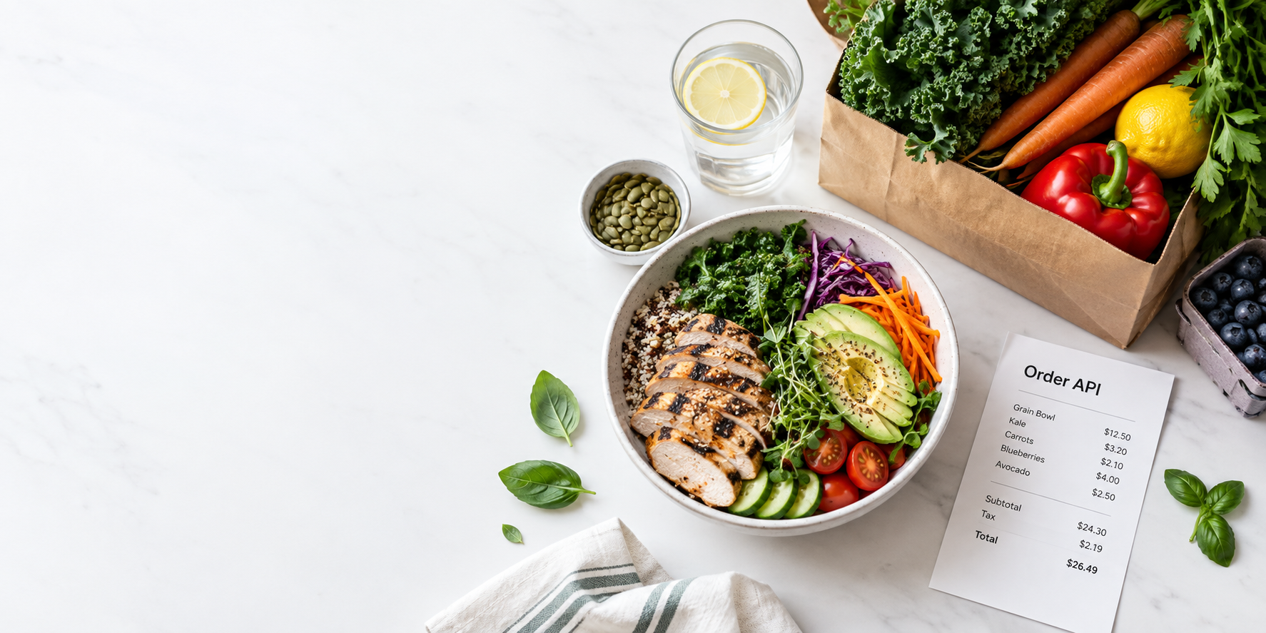 Restaurant meal, groceries, and an order slip